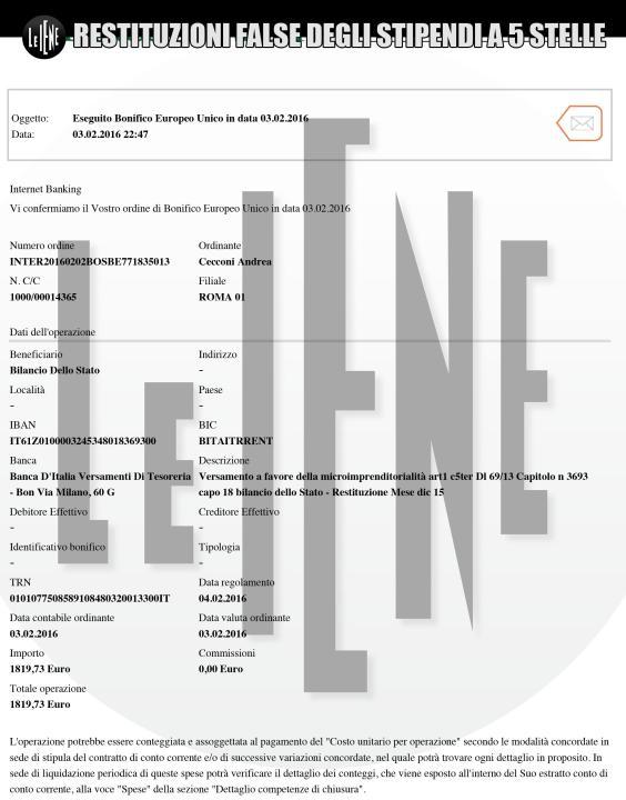 I bonifici "incriminati" dei parlamentari M5S Andrea Cecconi e Carlo Martelli